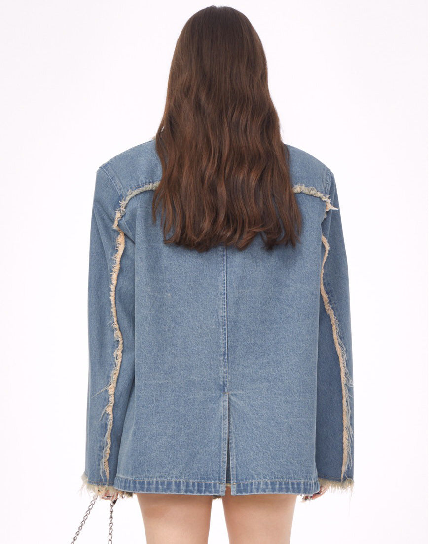 distressed denim blazer in blue