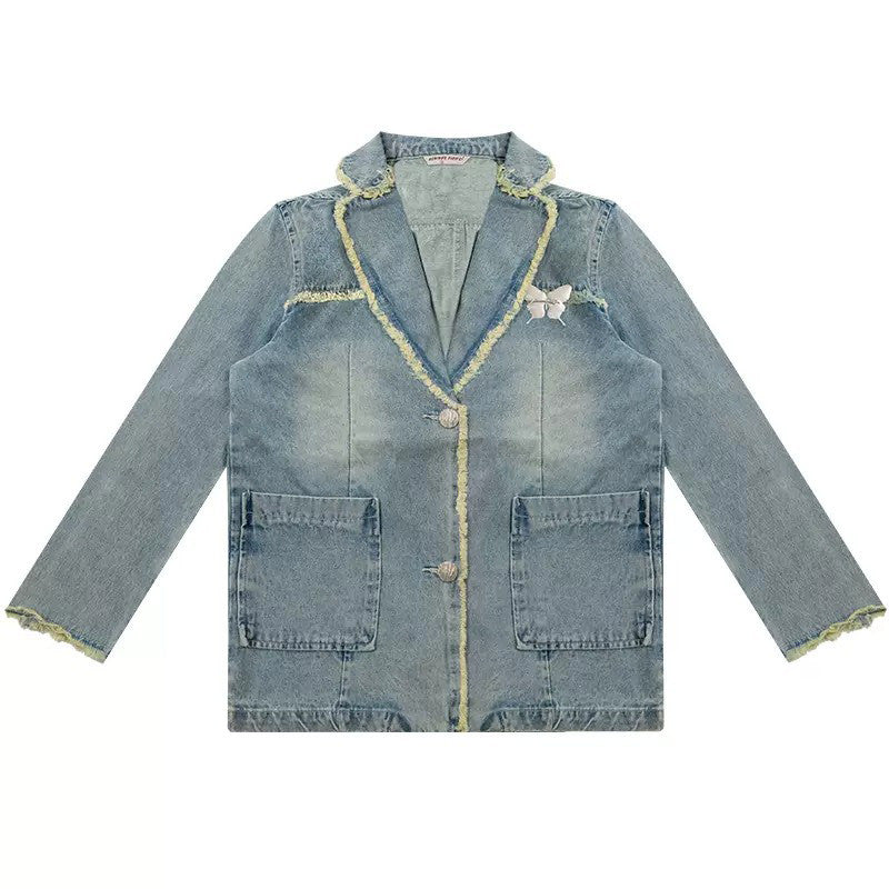 distressed denim blazer in blue