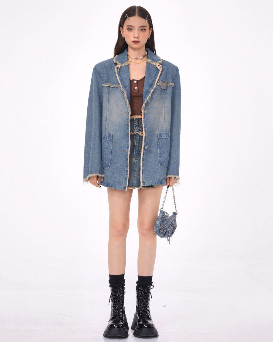 distressed denim blazer in blue
