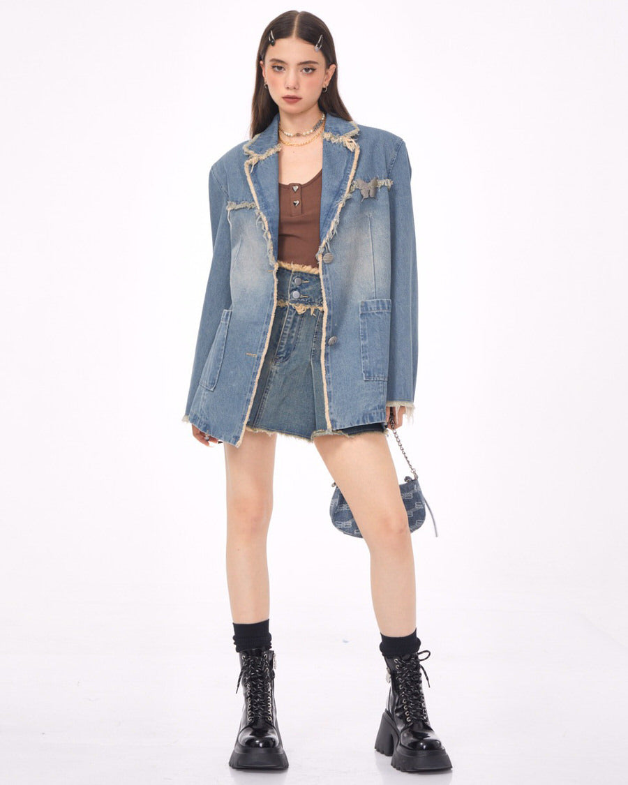 distressed denim blazer in blue