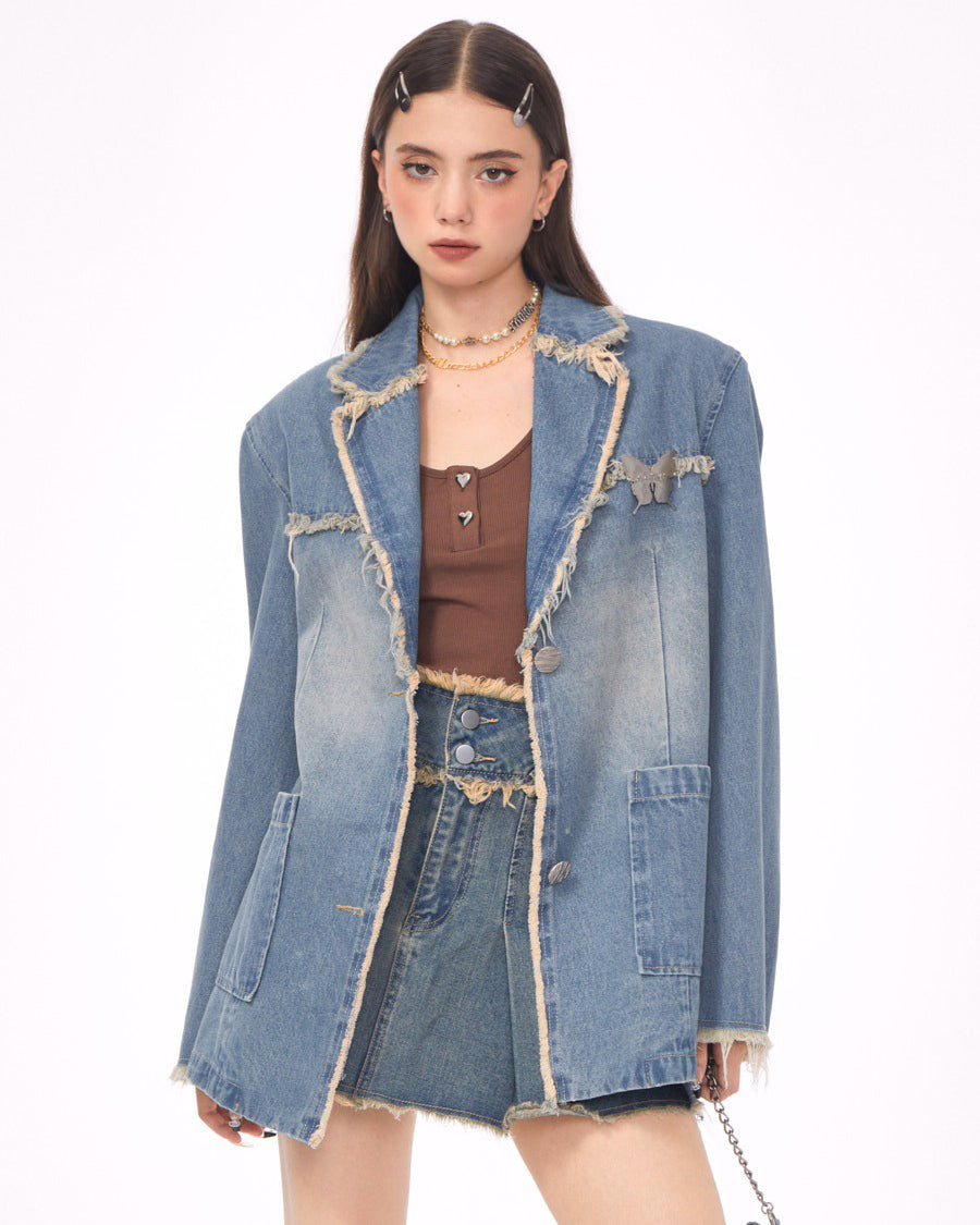 distressed denim blazer in blue