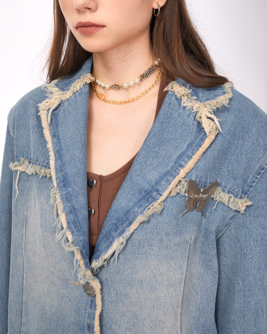 distressed denim blazer in blue