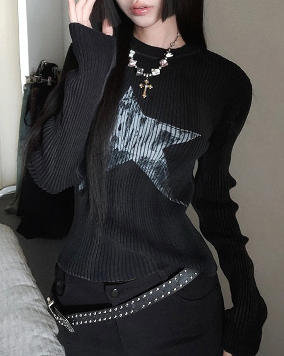 star print ribbed long sleeve top