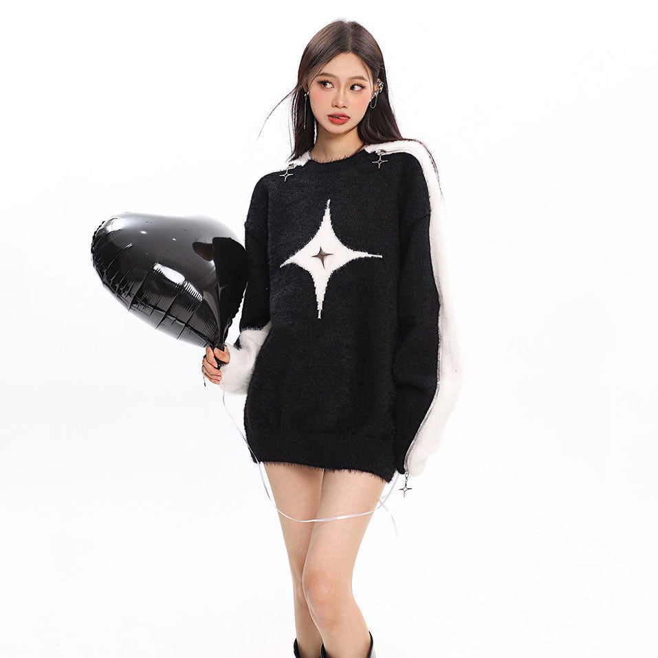 white star open shoulder sweater