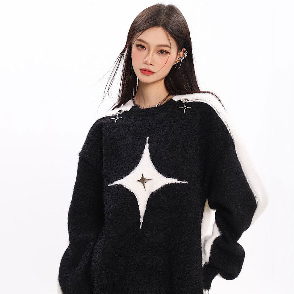 white star open shoulder sweater
