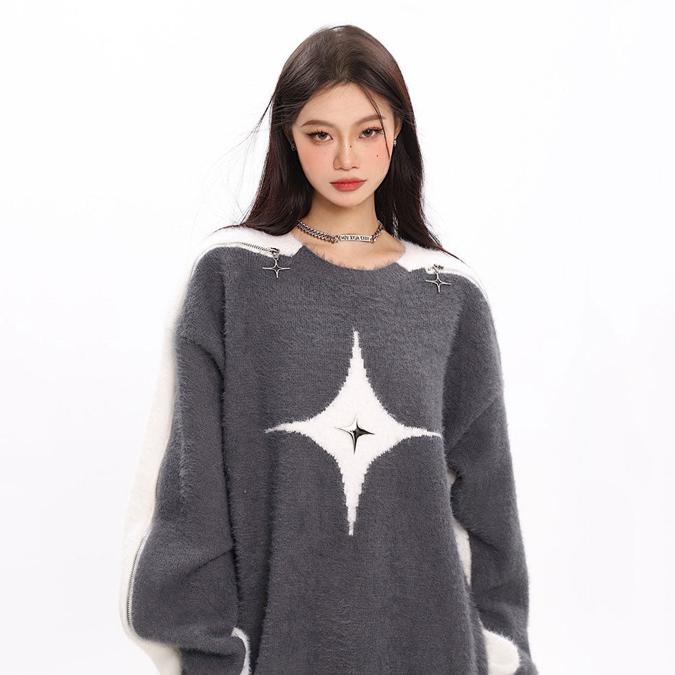white star open shoulder sweater