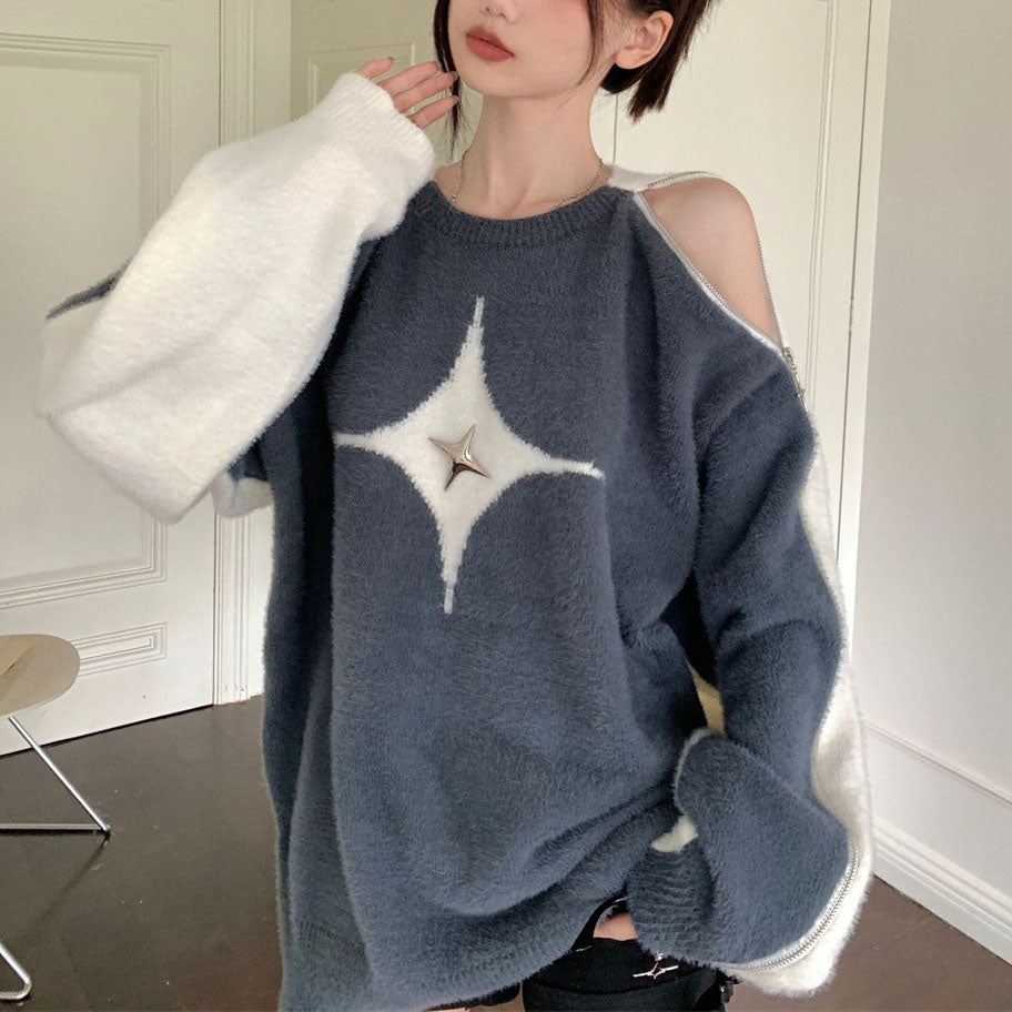 white star open shoulder sweater