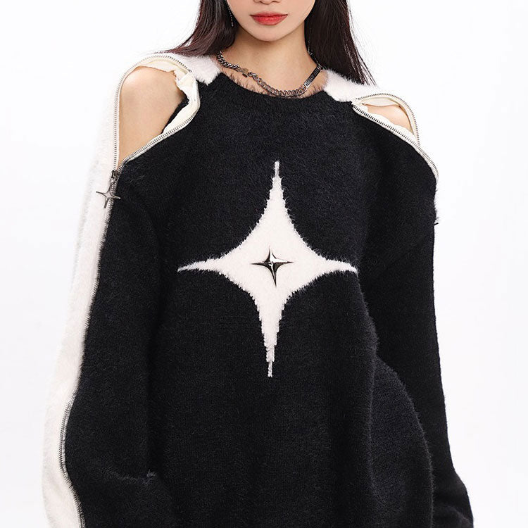 white star open shoulder sweater
