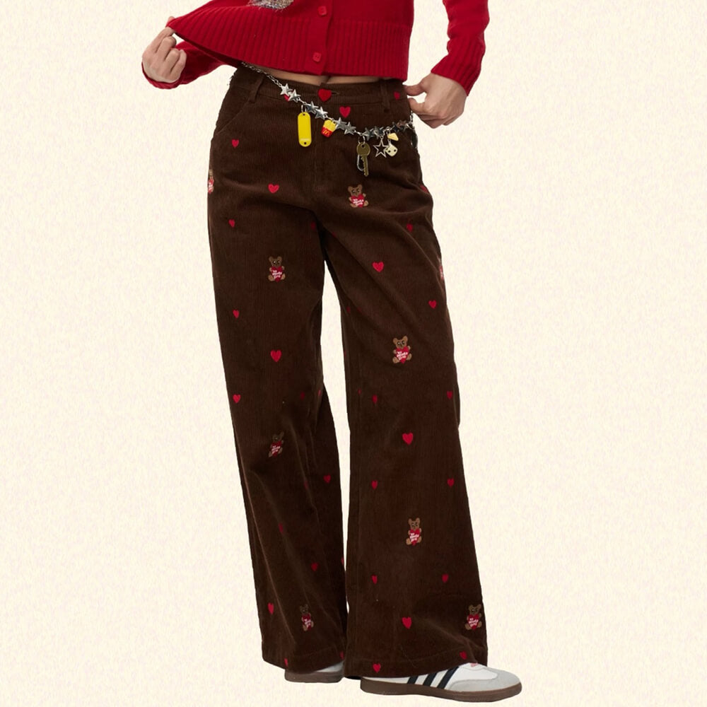 bear embroidery cord pants