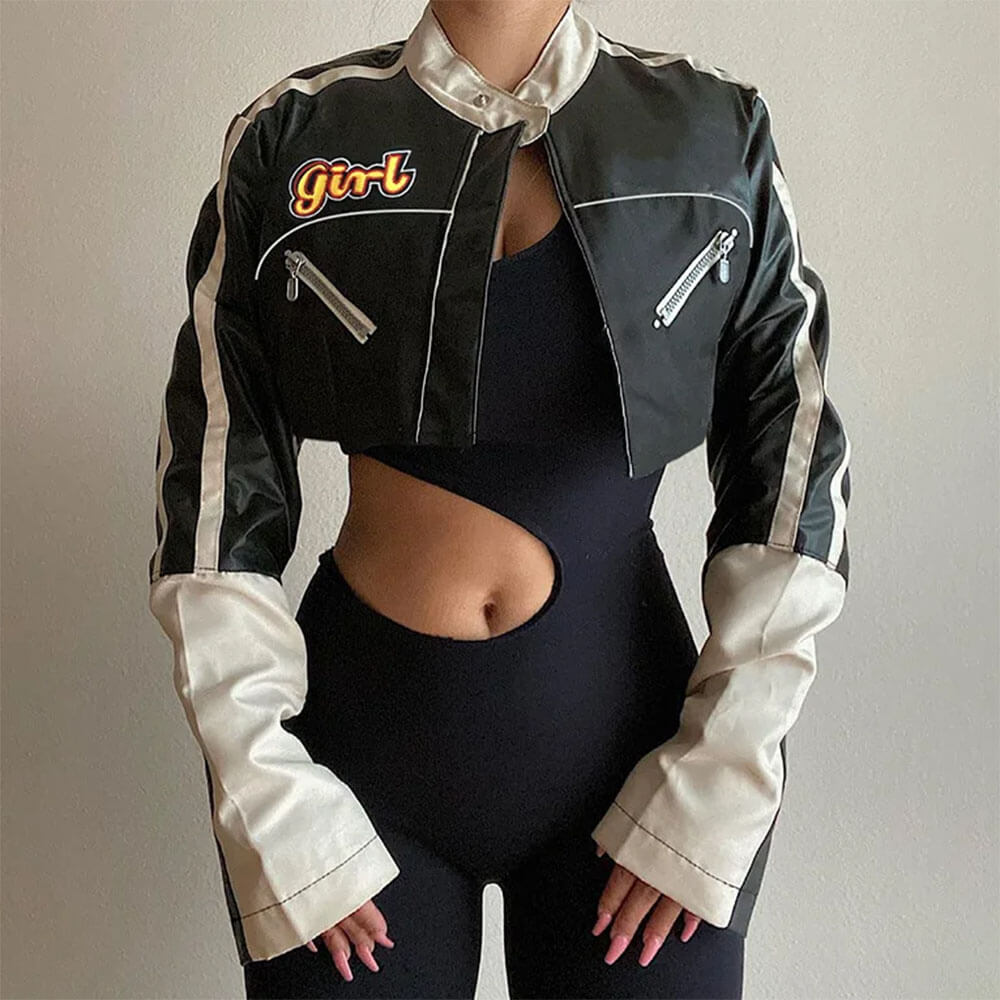 biker girl leather cropped jacket