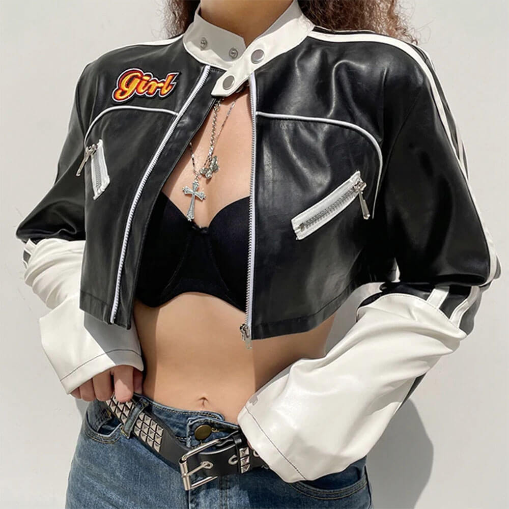 biker girl leather cropped jacket