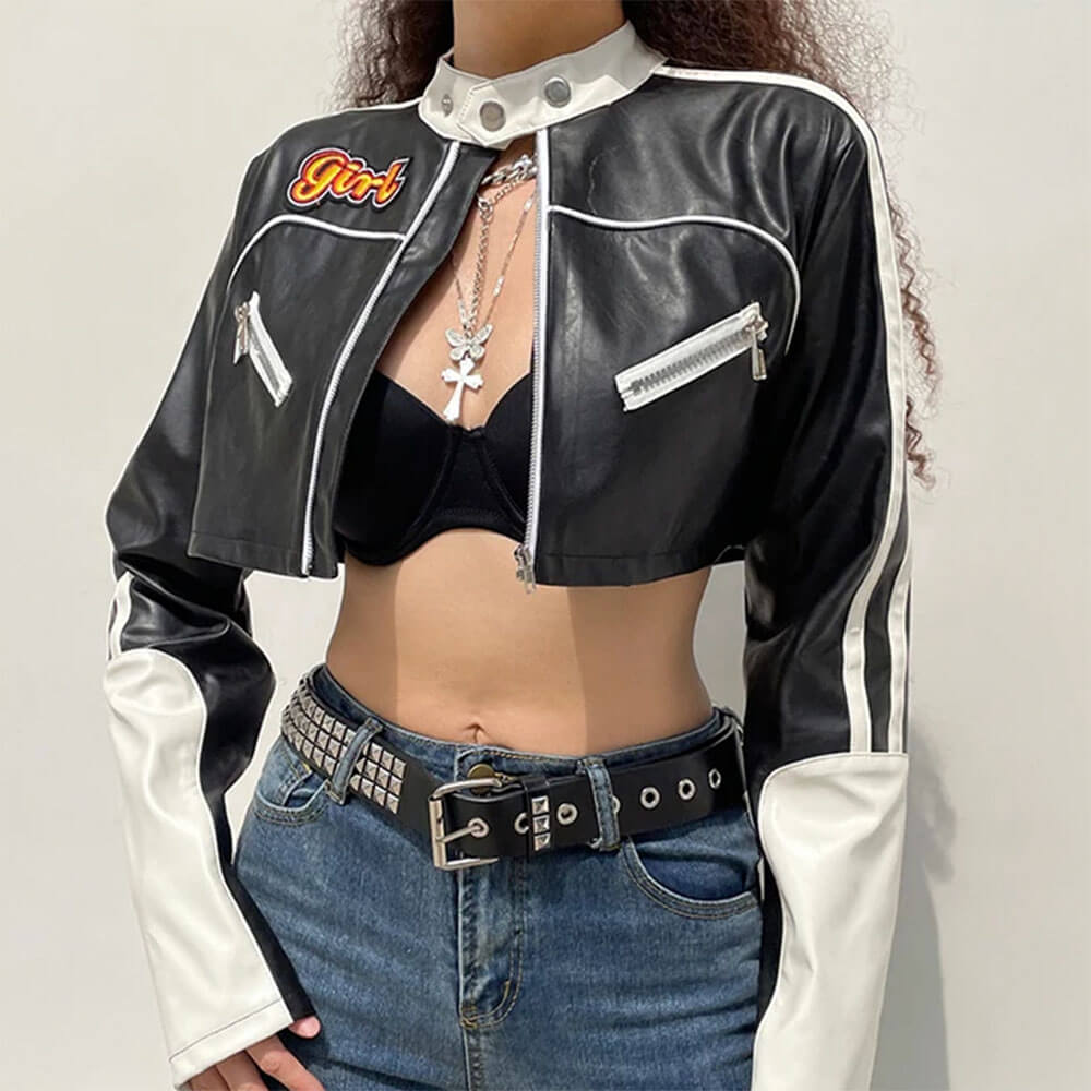 biker girl leather cropped jacket