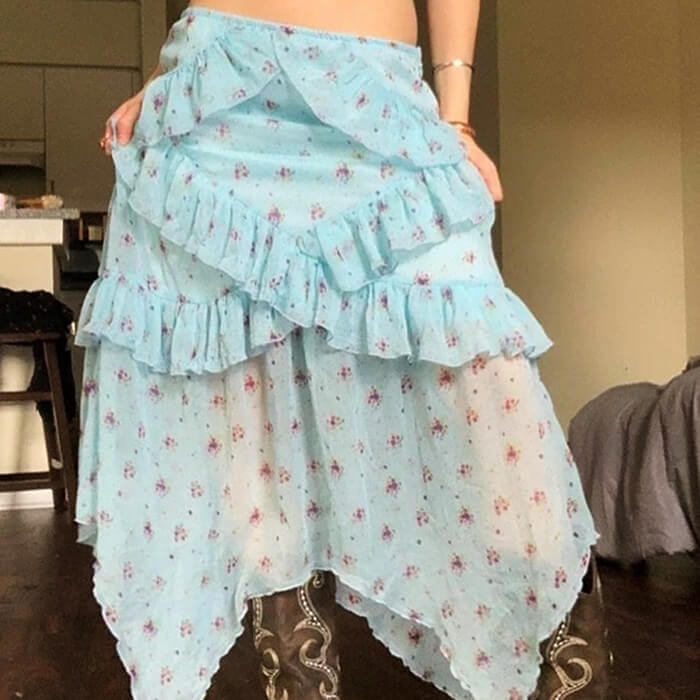 cottagecore floral ruffle maxi skirt