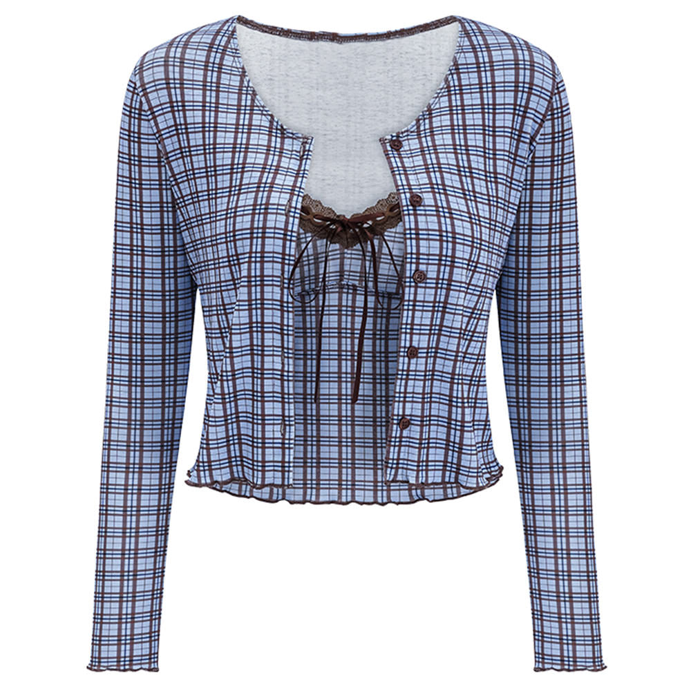 gossip goes around plaid top + cardigan set