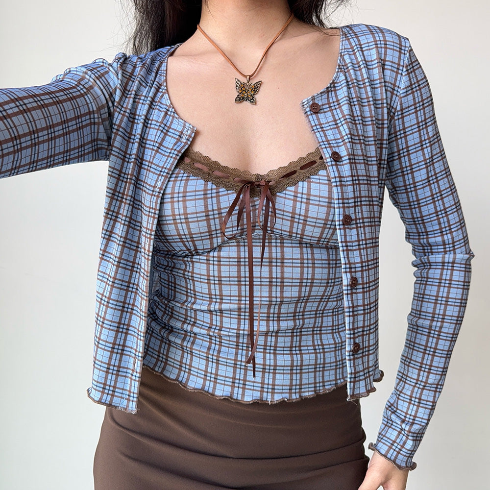gossip goes around plaid top + cardigan set