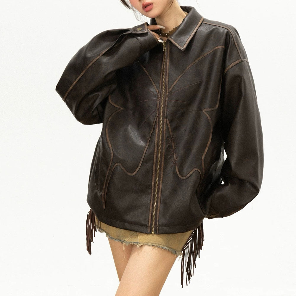 butterfly distressed leather jacket