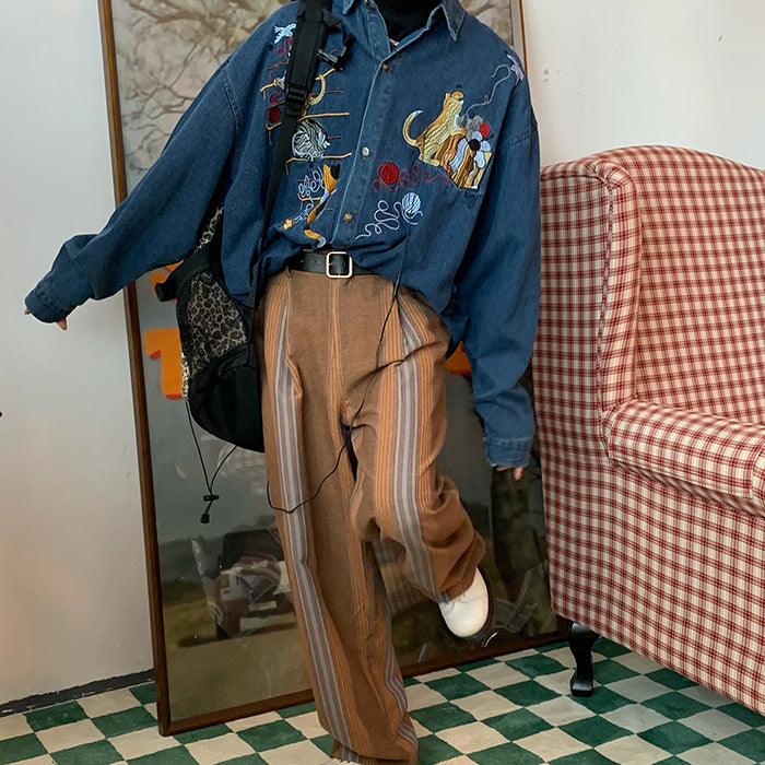cat embroidery vintage style denim shirt