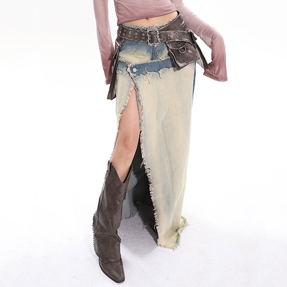distressed denim maxi skirt