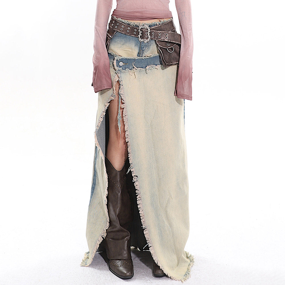 distressed denim maxi skirt