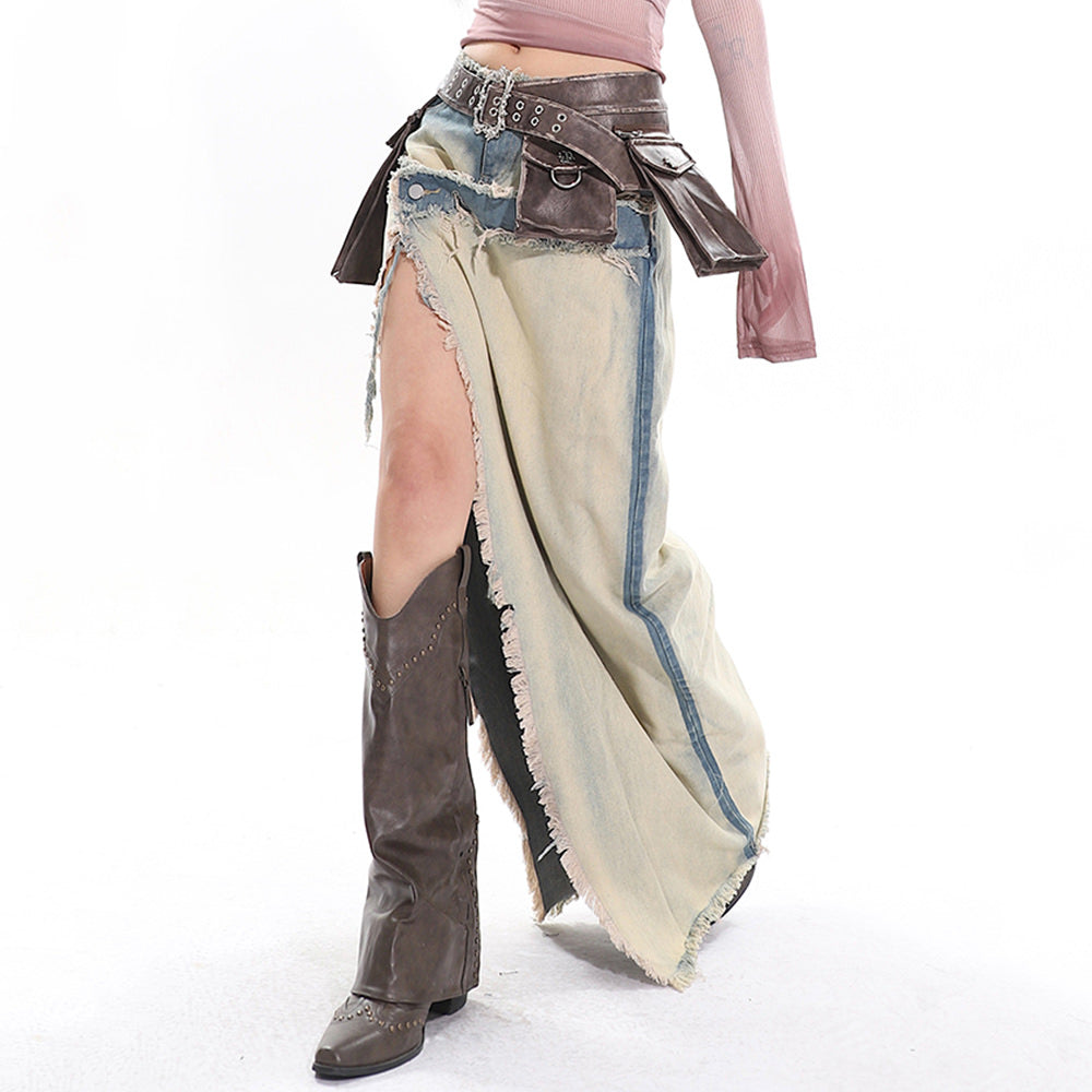 distressed denim maxi skirt