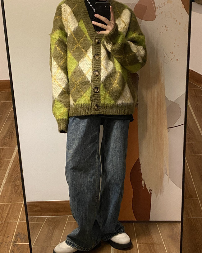 warm vibes green argyle cardigan sweater