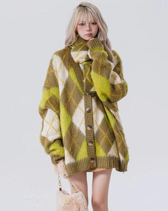 warm vibes green argyle cardigan sweater