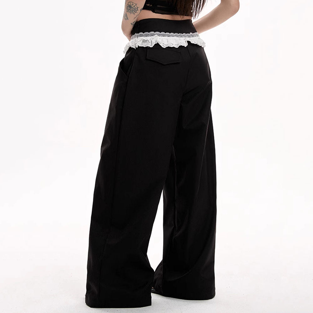 lace trim waist wide leg trousers