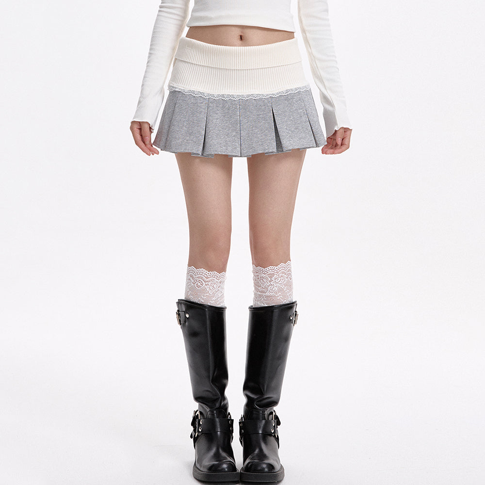 soft girl ribbed waist pleated mini skirt
