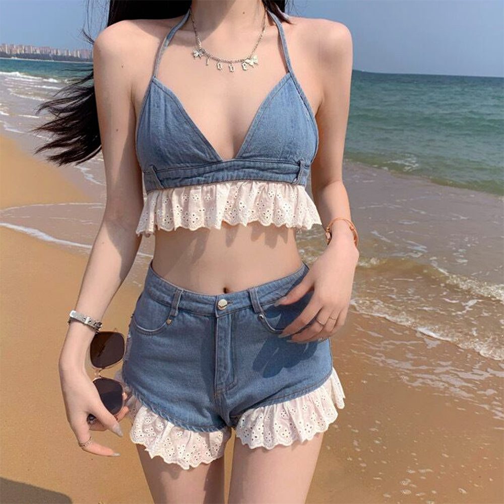 sweet ruffle top & denim shorts co ord