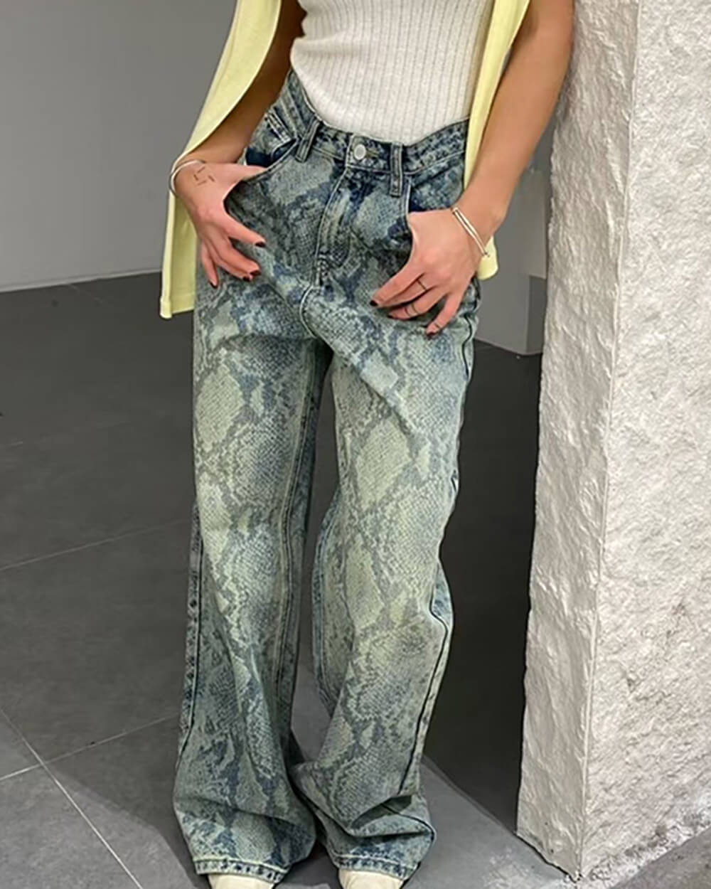 snake print straight leg jeans