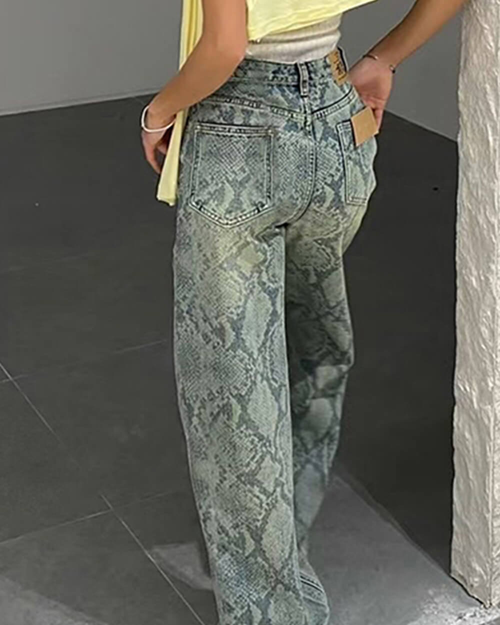 snake print straight leg jeans