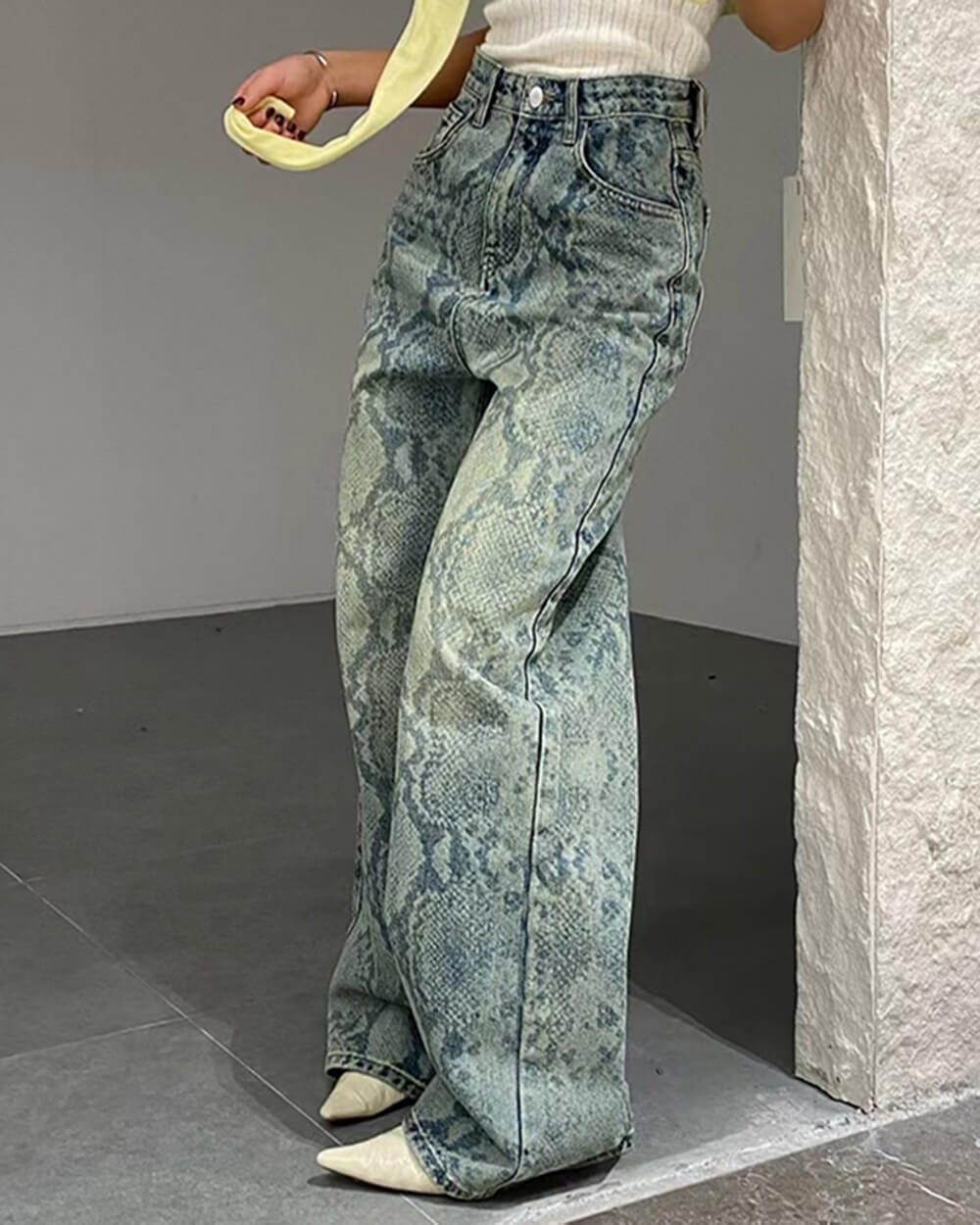 snake print straight leg jeans