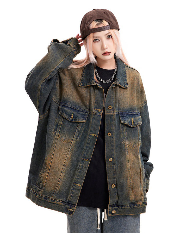 washed brown loose denim jacket